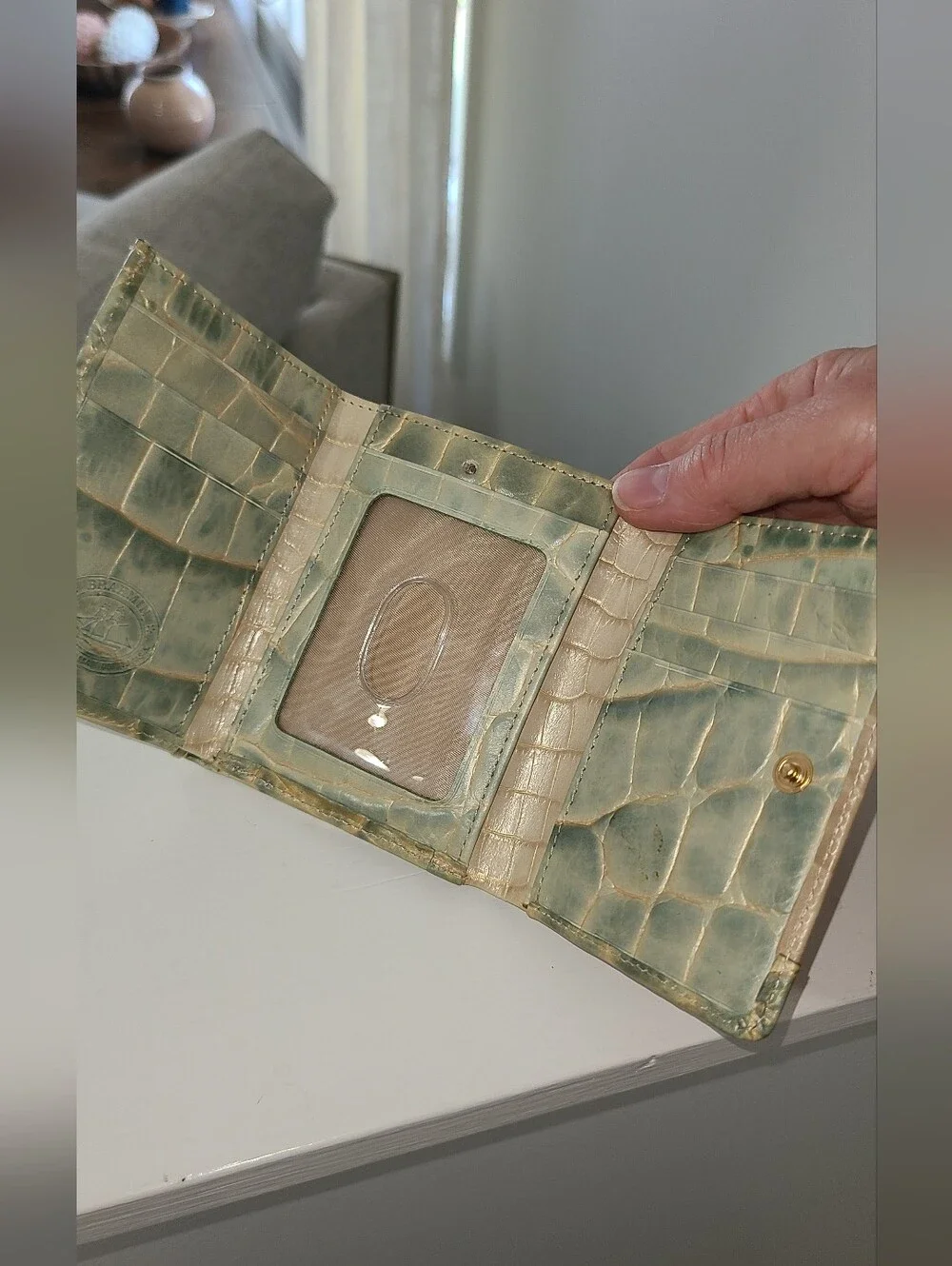 Brahmin Croc-Embossed Compact Wallet in Sage Green And Ivory